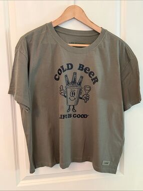 NWT Life is Good "Cold Beer" Graphic Tee - Sage Green Boxy Crop Top Size Large